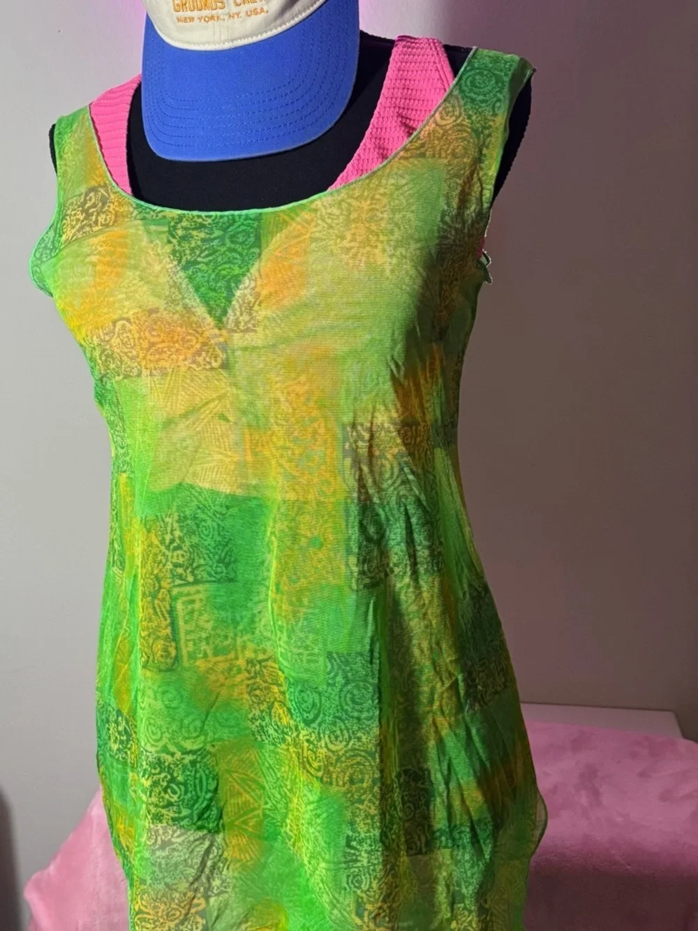 Vintage Endless Sun Green Sheer Mesh Top Patchwork Print Size Small